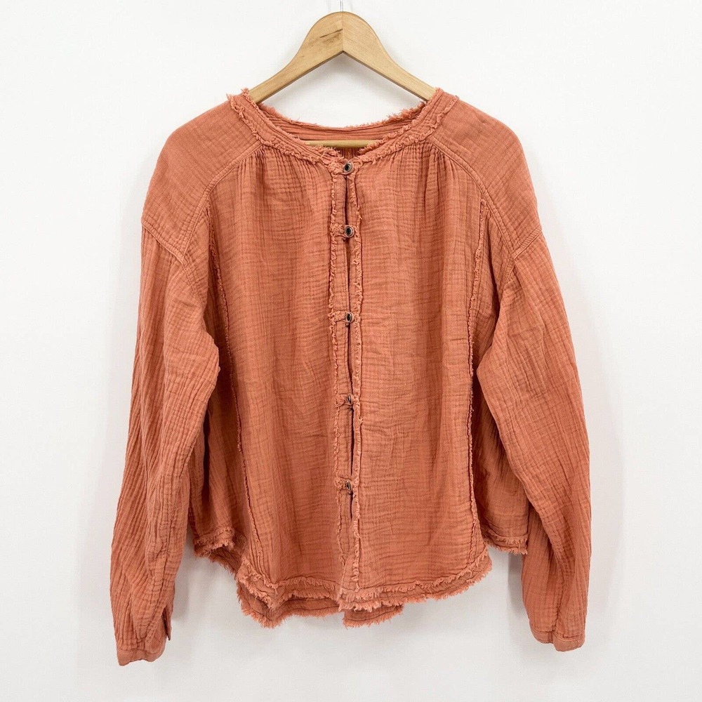 We The Free People Top Women Small Orange Long Sleeve Button Front Boho Fringe